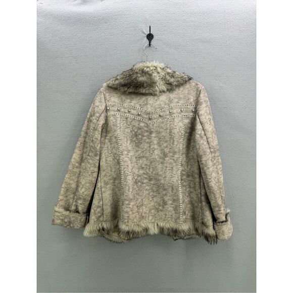 Powder River Outfitters Womens Tan Brown Faux Leather Fur Embellished Jacket Siz - Picture 2 of 8